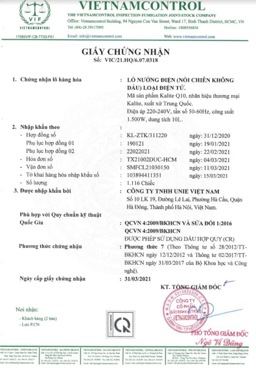 giấy chứng nhận vietnam control cho nồi chiên không dầu Kalite Q10